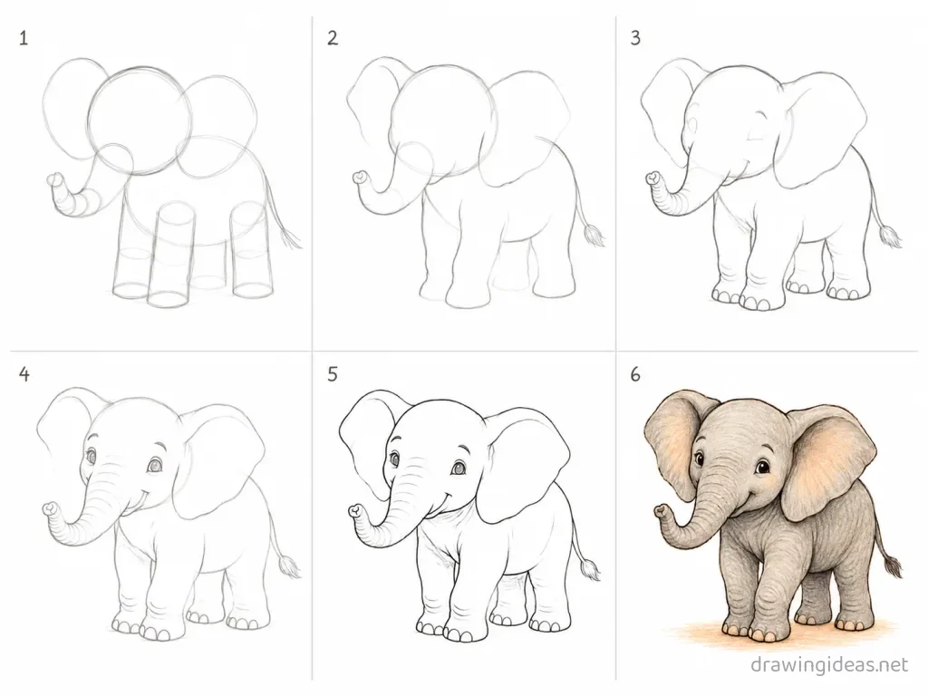 How to draw an elephant step by step — 6-step elephant drawing tutorial grid