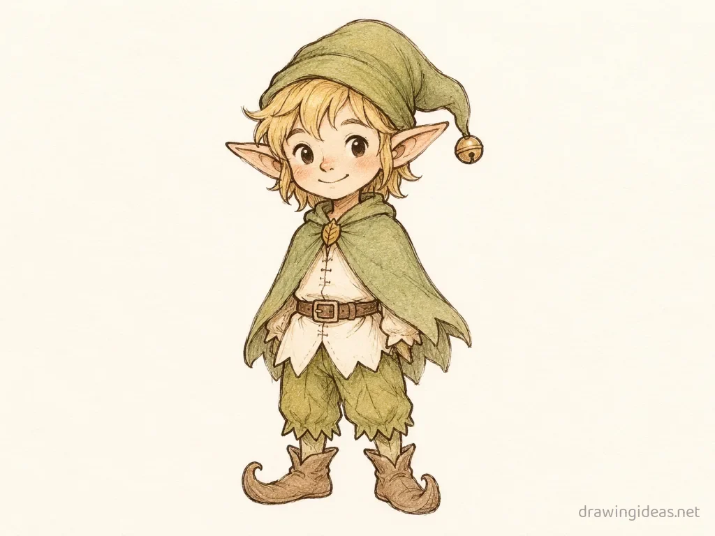 Elf drawing — hand-drawn elf illustration with ink lines and soft colors