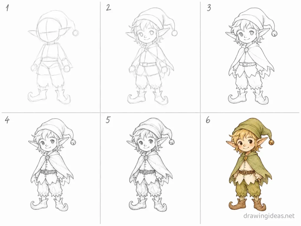 How to draw an elf step by step — 6-step elf drawing tutorial grid