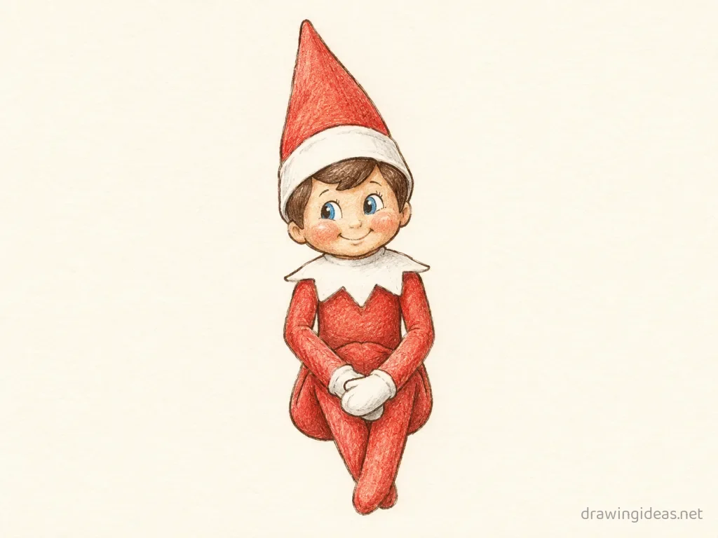 Elf on Shelf drawing — hand-drawn elf on shelf illustration with ink lines and soft colors