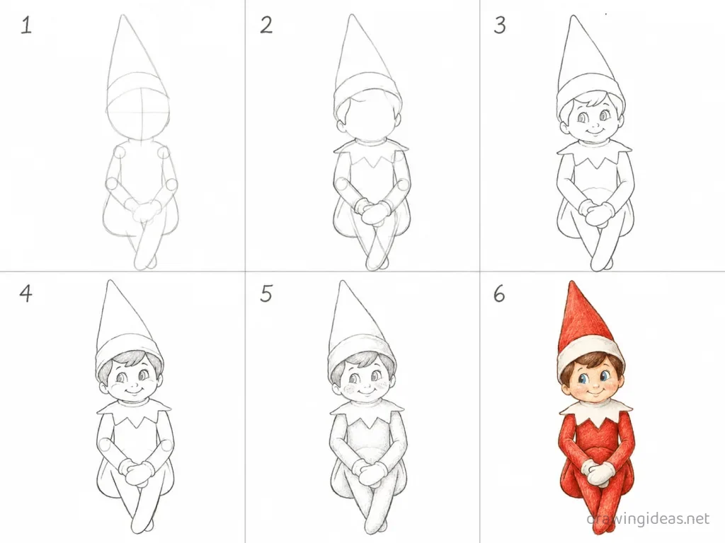 How to draw an elf on shelf step by step — 6-step elf on shelf drawing tutorial grid