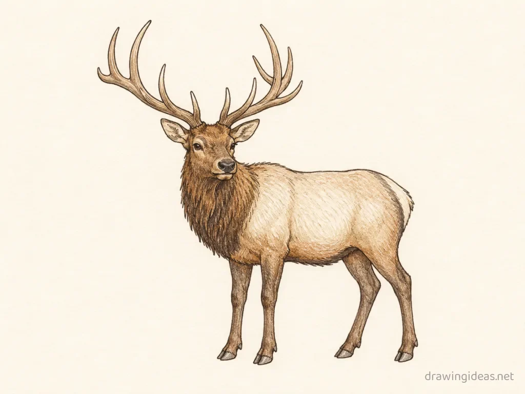 Elk drawing — hand-drawn elk illustration with ink lines and soft colors