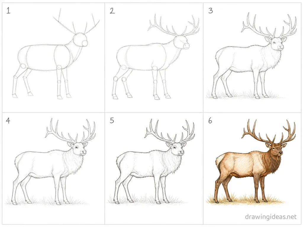 How to draw an elk step by step — 6-step elk drawing tutorial grid