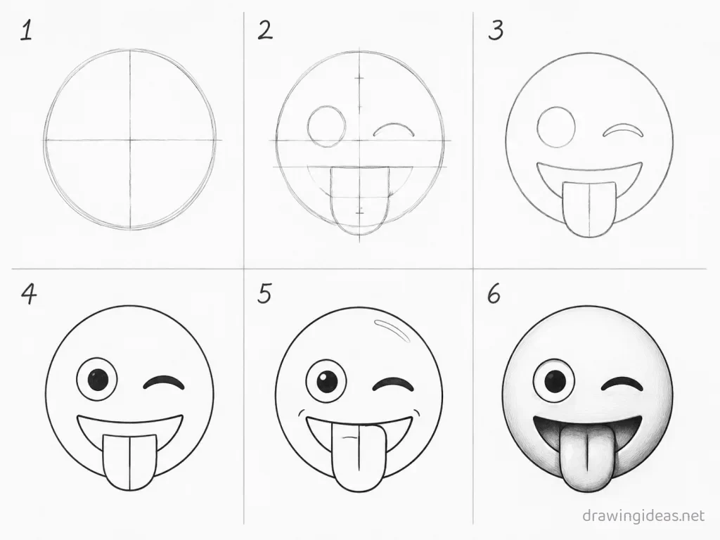 How to draw an emoji step by step — 6-step emoji drawing tutorial grid