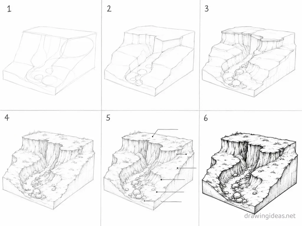 How to draw erosion step by step — 6-step erosion drawing tutorial grid