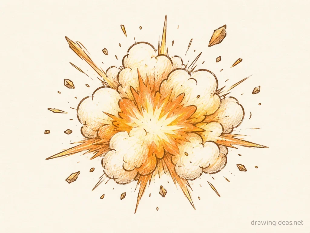 Explosion drawing — hand-drawn explosion illustration with ink lines and soft colors