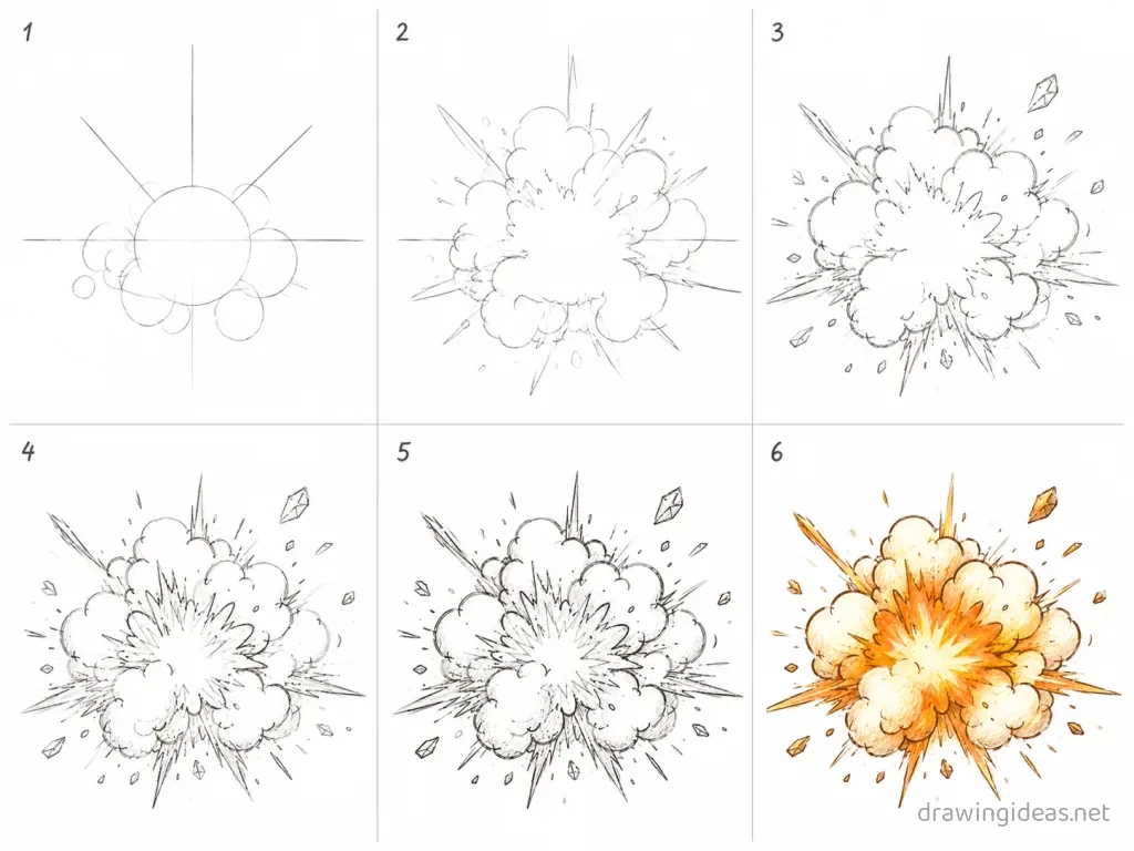 How to draw an explosion step by step — 6-step explosion drawing tutorial grid