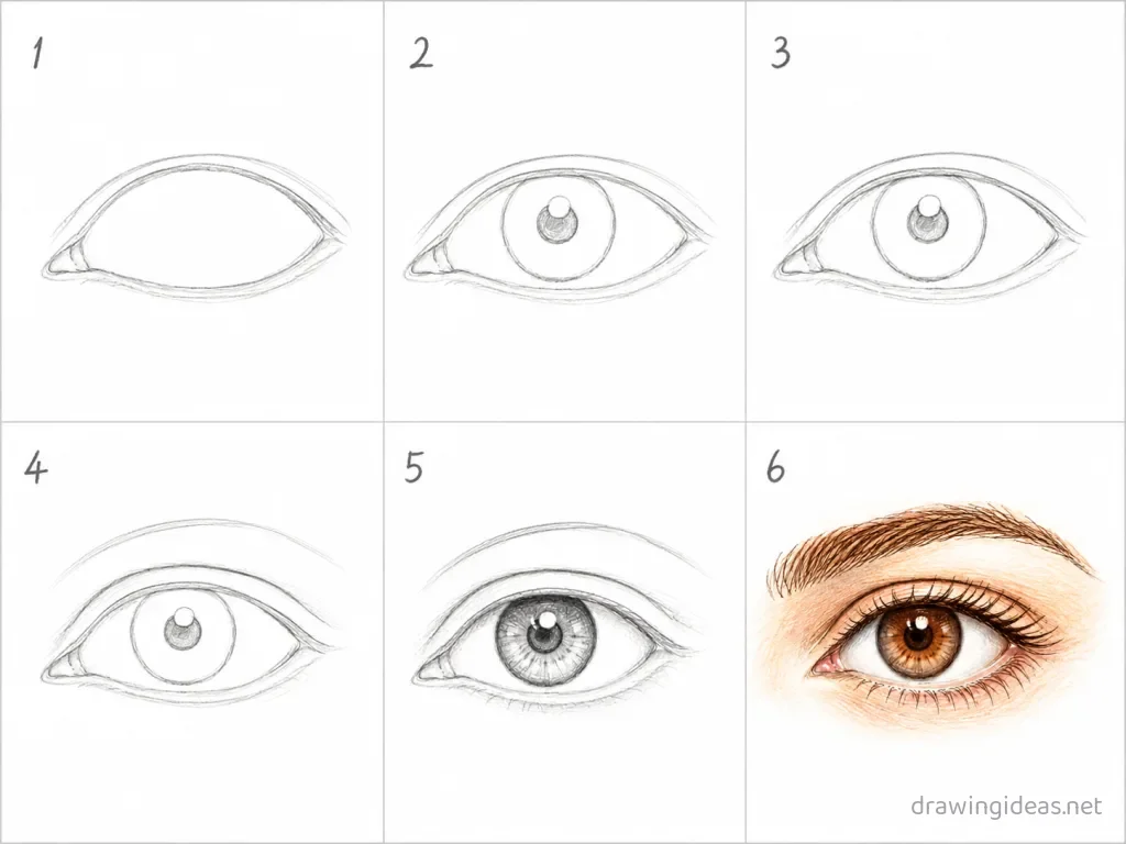 How to draw an eye step by step — 6-step eye drawing tutorial grid