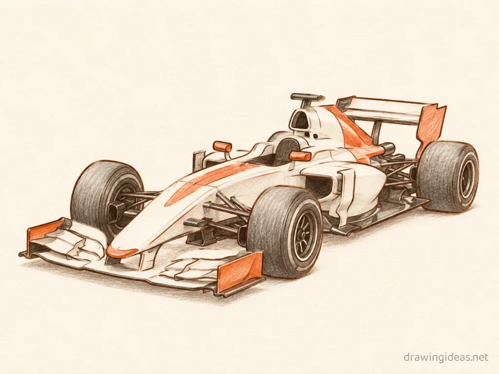 F1 Car drawing ā hand-drawn f1 car illustration with ink lines and soft colors