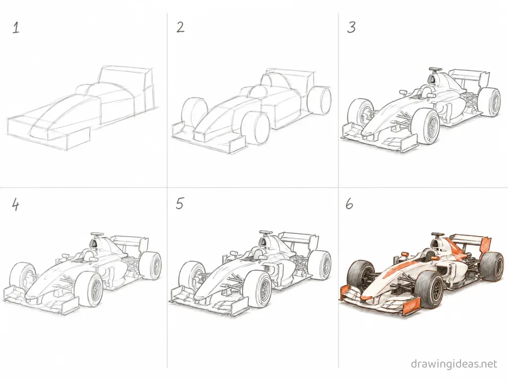 How to draw a f1 car step by step — 6-step f1 car drawing tutorial grid