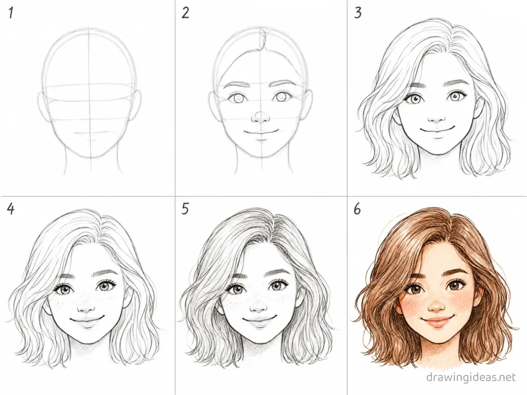 How to draw a face step by step — 6-step face drawing tutorial grid