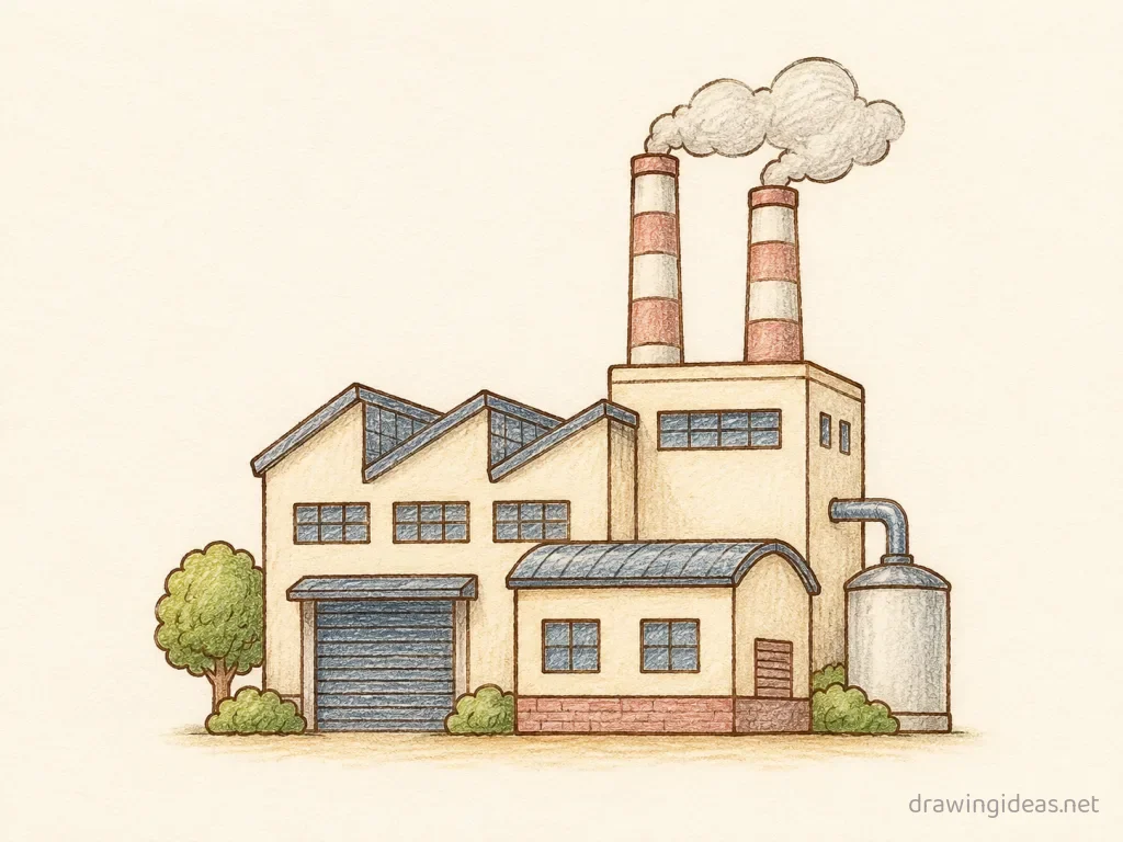 Factory drawing — hand-drawn factory illustration with ink lines and soft colors