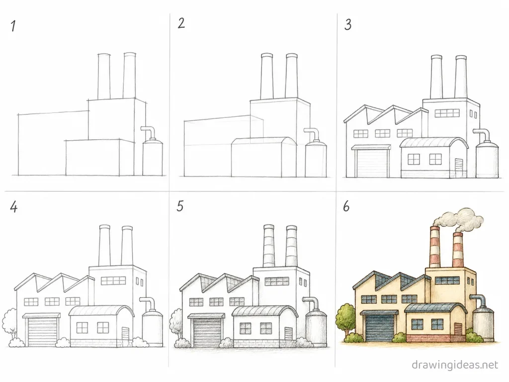 How to draw a factory step by step — 6-step factory drawing tutorial grid