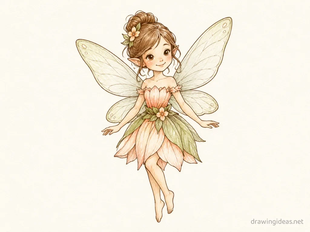 Fairy drawing — hand-drawn fairy illustration with ink lines and soft colors