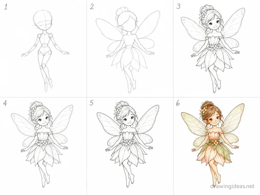 How to draw a fairy step by step — 6-step fairy drawing tutorial grid