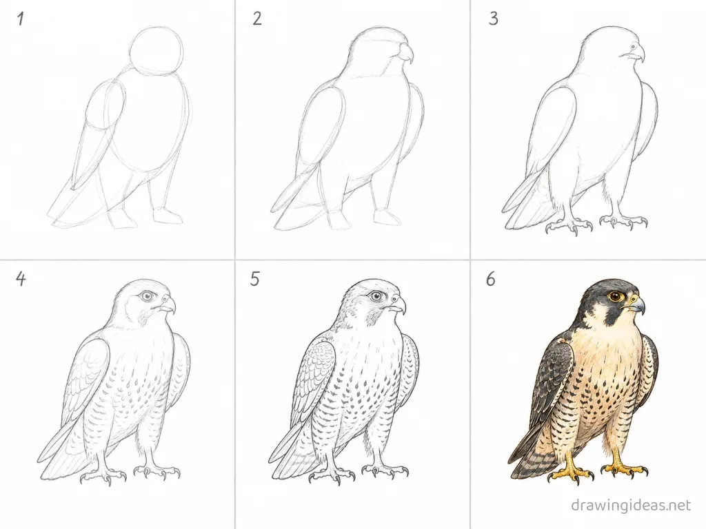 How to draw a falcon step by step — 6-step falcon drawing tutorial grid