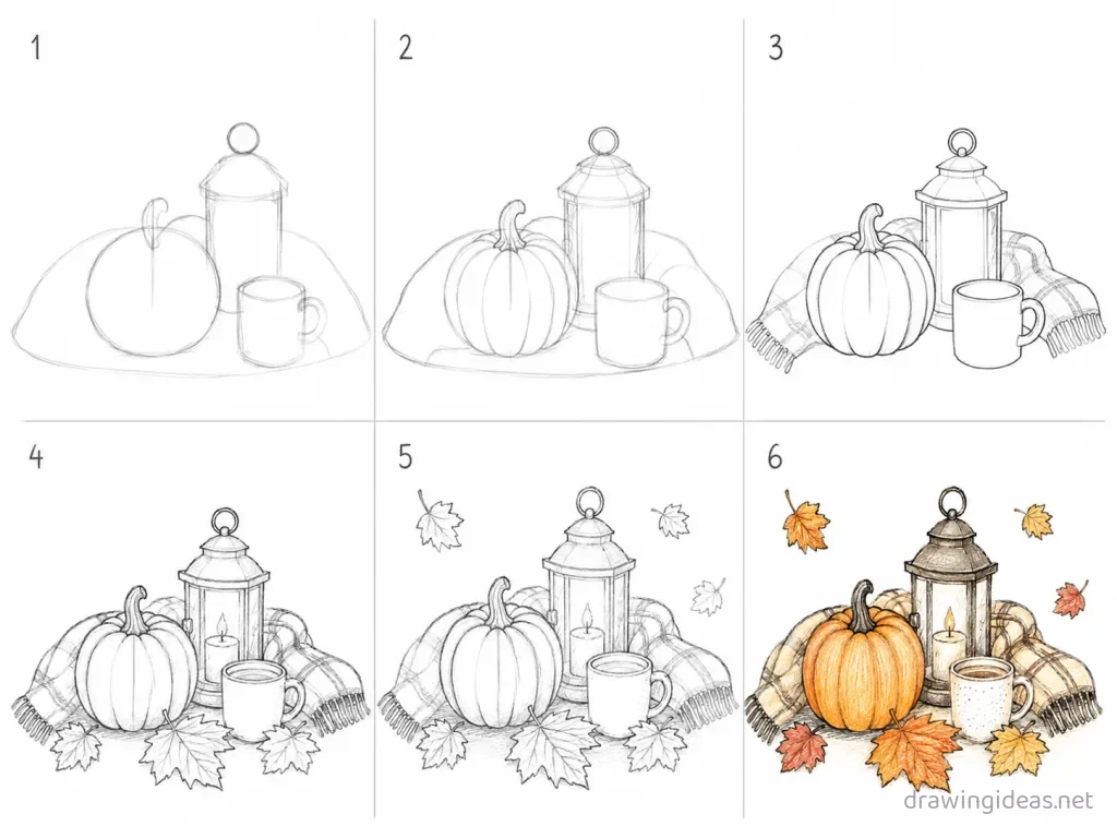 How to draw fall step by step — 6-step fall drawing tutorial grid