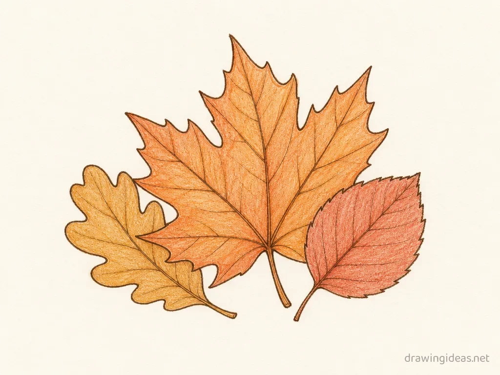 Fall Leaves drawing — hand-drawn fall leaves illustration with ink lines and soft colors