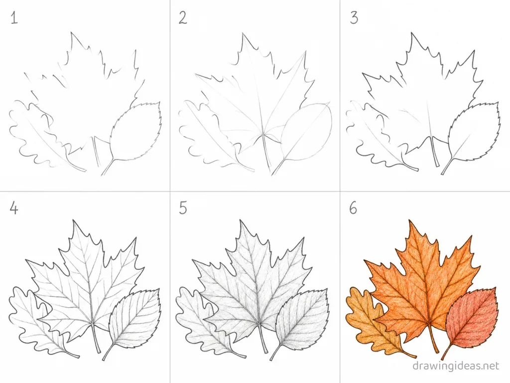 How to draw fall leaves step by step — 6-step fall leaves drawing tutorial grid