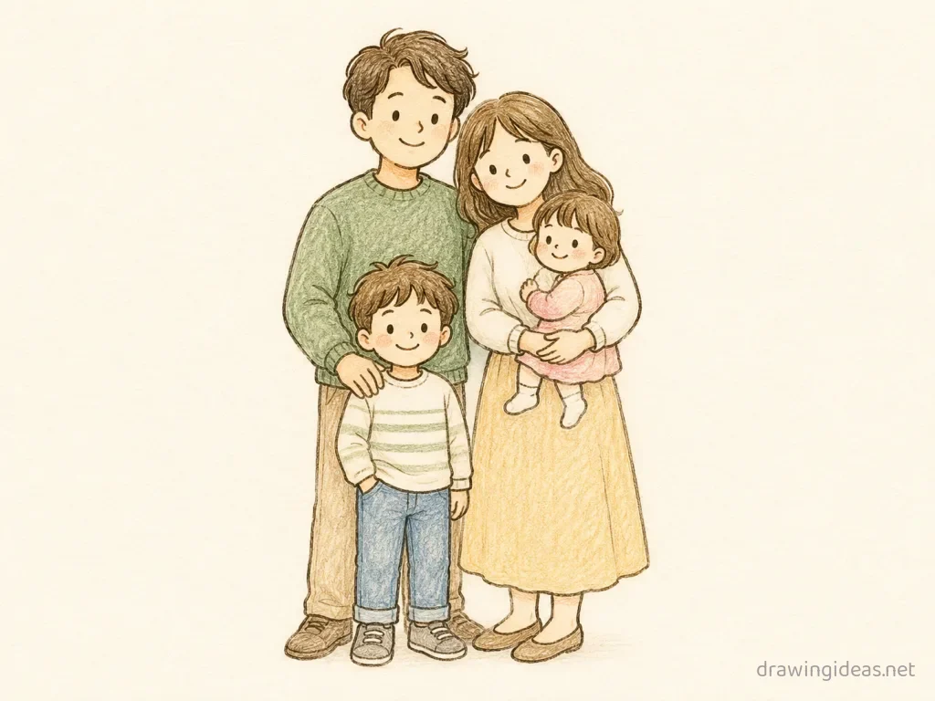 Family drawing — hand-drawn family illustration with ink lines and soft colors