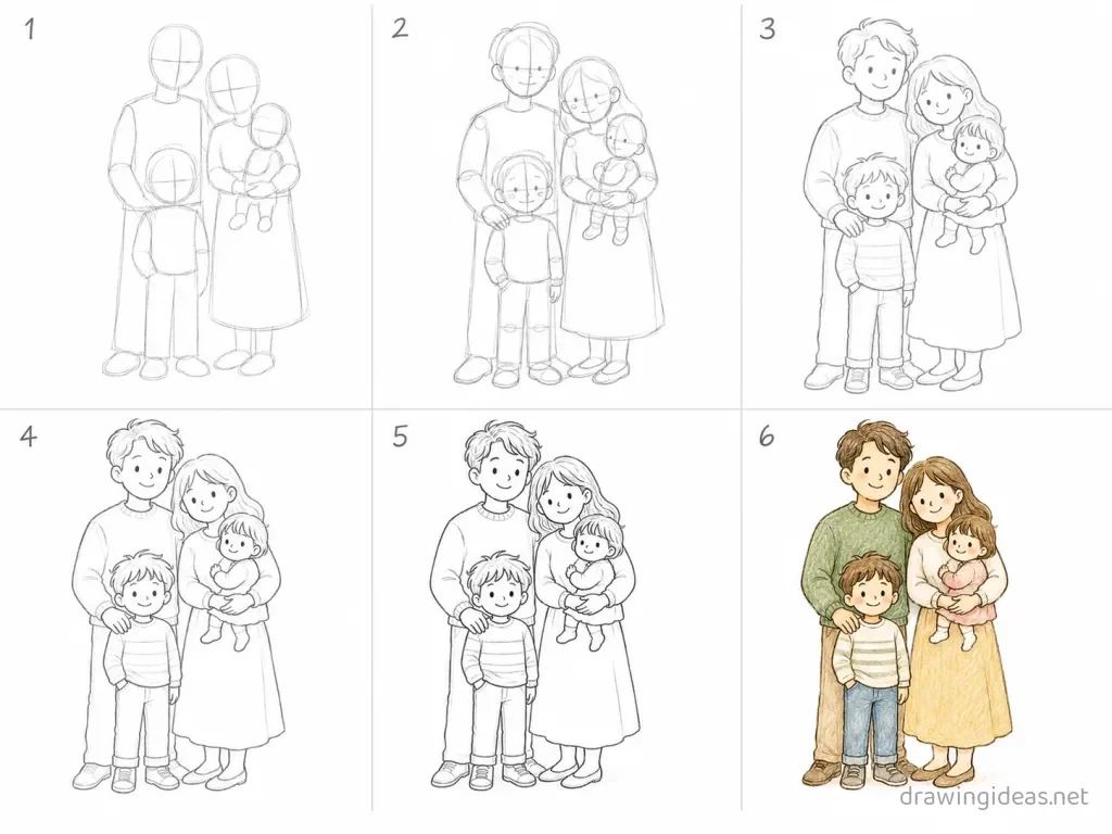 How to draw a family step by step — 6-step family drawing tutorial grid