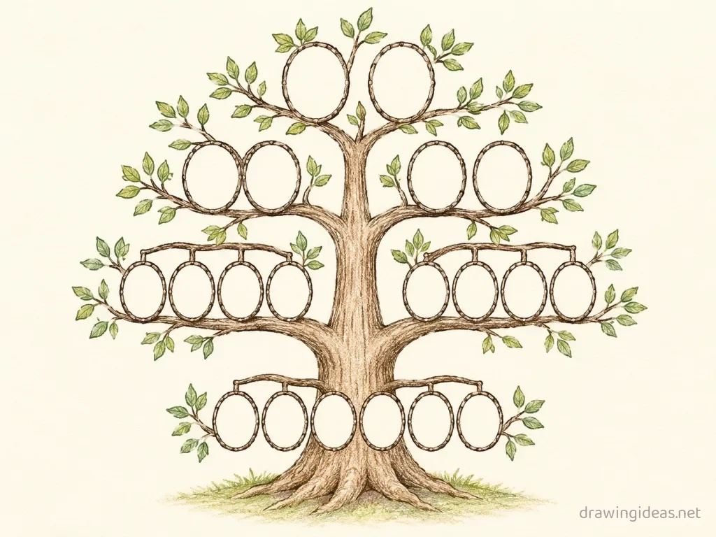 Family Tree drawing — hand-drawn family tree illustration with ink lines and soft colors
