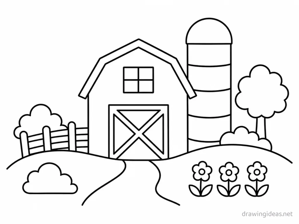Easy farm drawing — easy style farm sketch