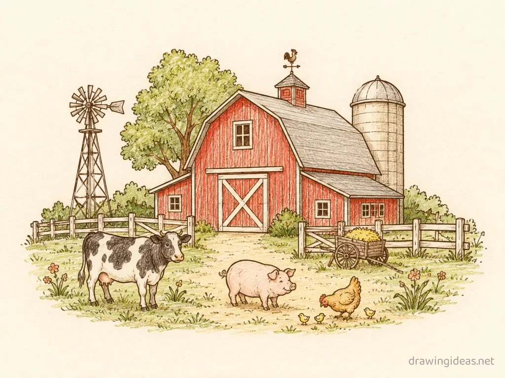 Farm drawing — hand-drawn farm illustration with ink lines and soft colors