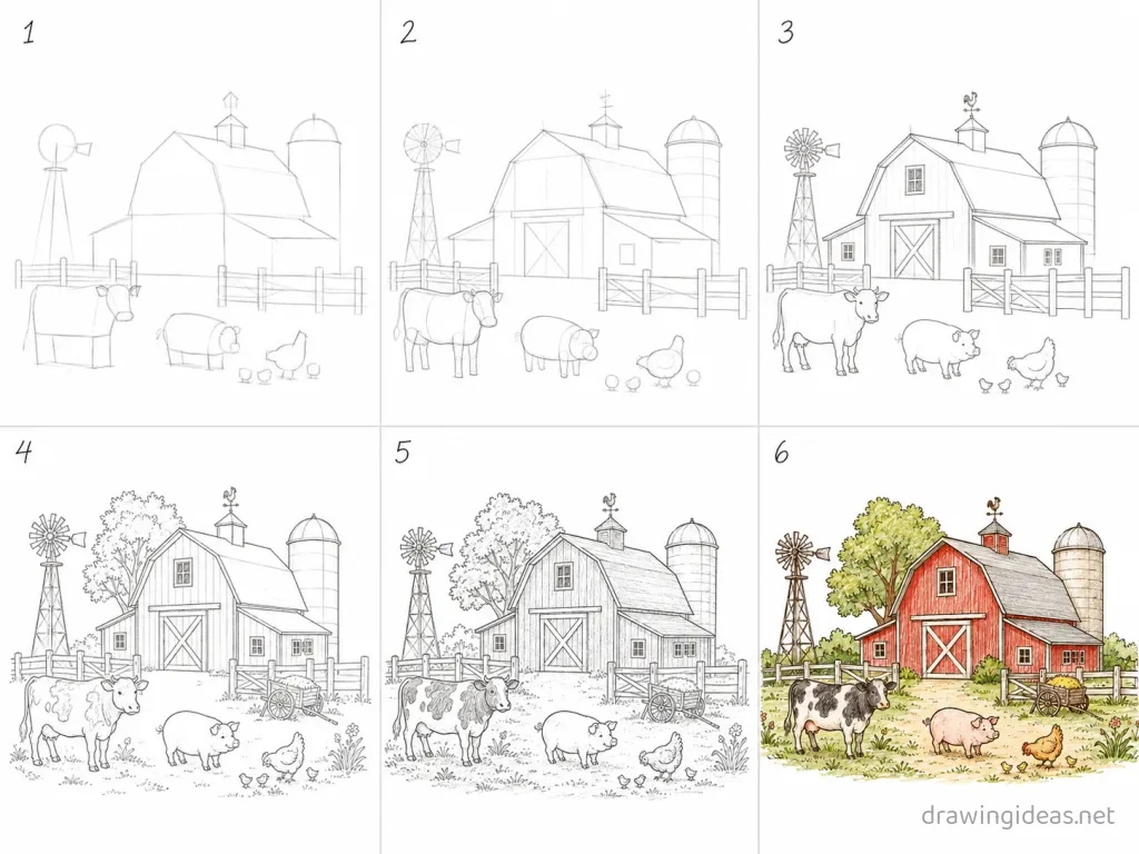 How to draw a farm step by step — 6-step farm drawing tutorial grid