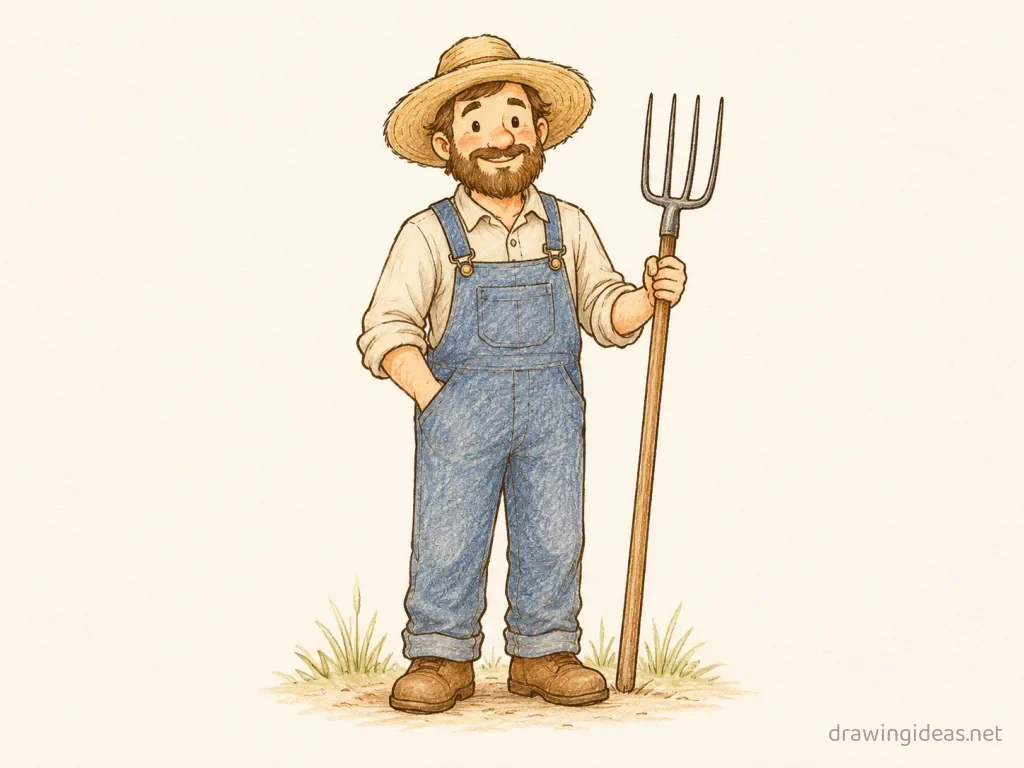 Farmer drawing — hand-drawn farmer illustration with ink lines and soft colors