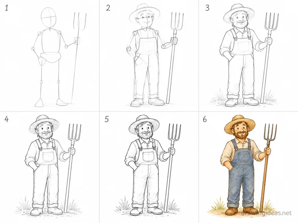 How to draw a farmer step by step — 6-step farmer drawing tutorial grid