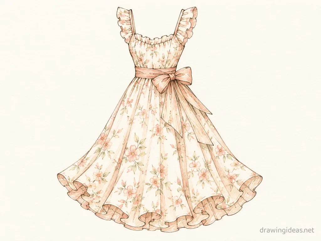 Fashion drawing — hand-drawn fashion illustration with ink lines and soft colors