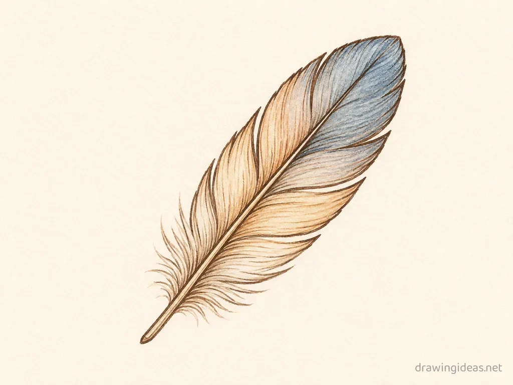 Feather drawing — hand-drawn feather illustration with ink lines and soft colors