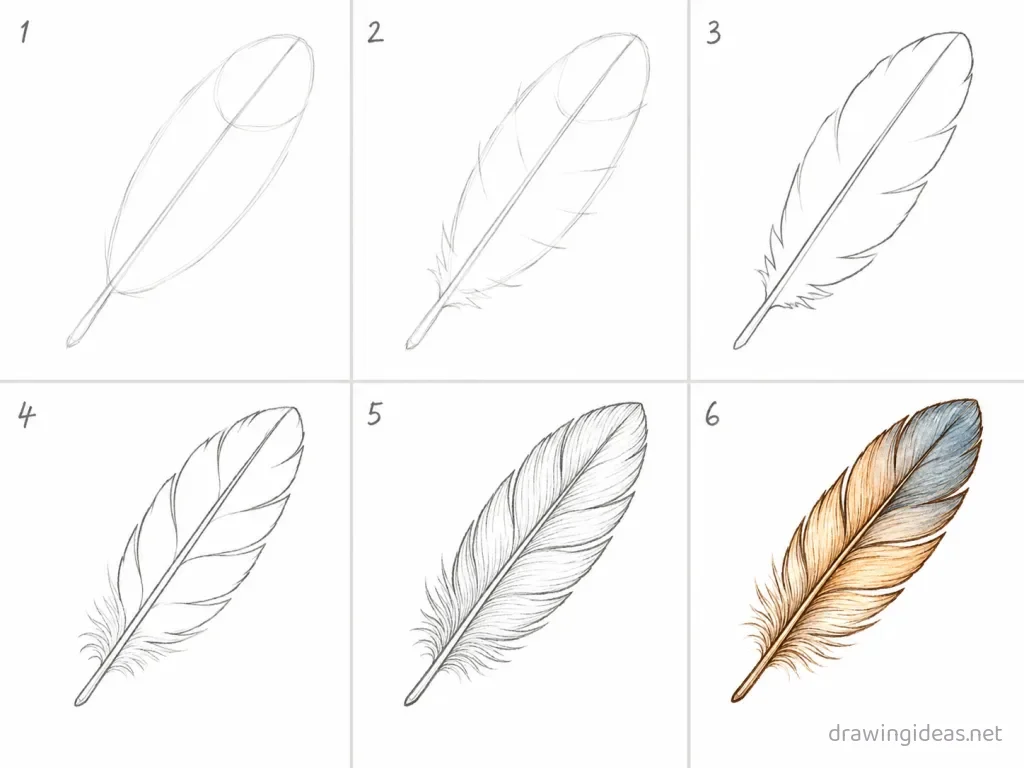 How to draw a feather step by step — 6-step feather drawing tutorial grid