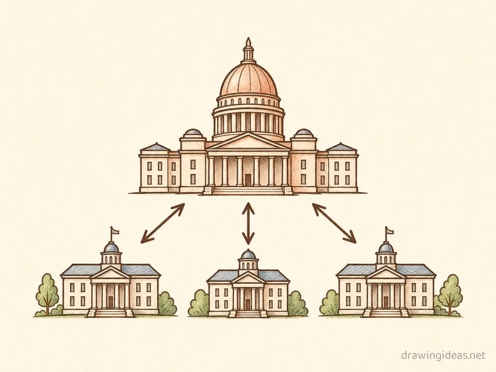Federalism drawing — hand-drawn federalism illustration with ink lines and soft colors