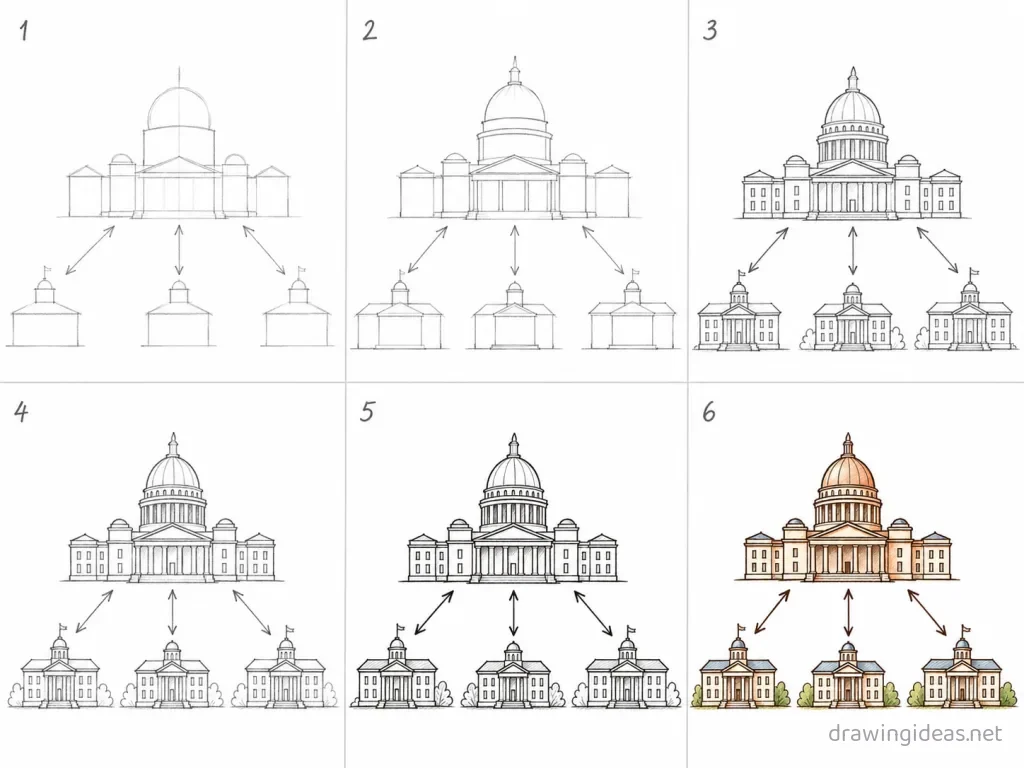 How to draw federalism step by step — 6-step federalism drawing tutorial grid