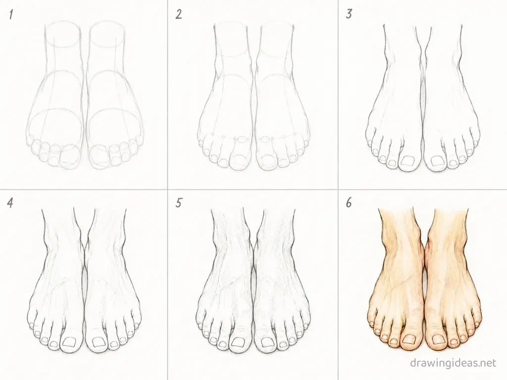 How to draw feet step by step — 6-step feet drawing tutorial grid