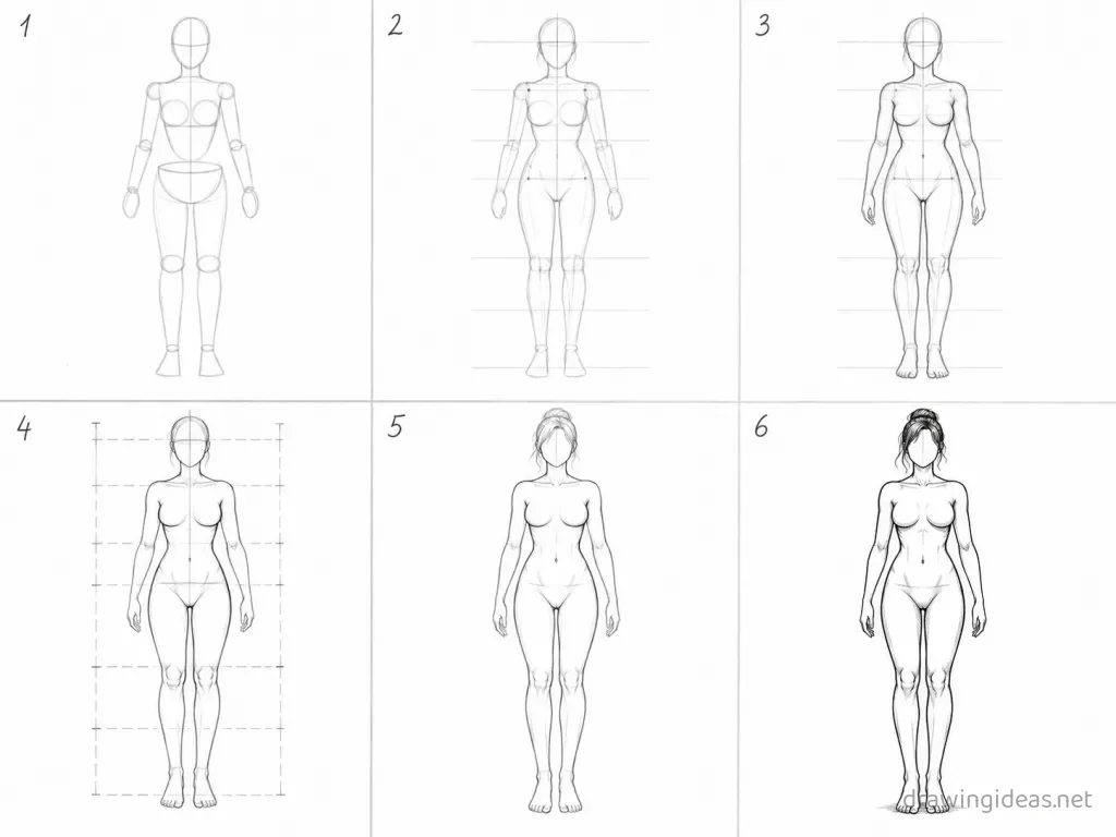 How to draw a female anatomy step by step — 6-step female anatomy drawing tutorial grid