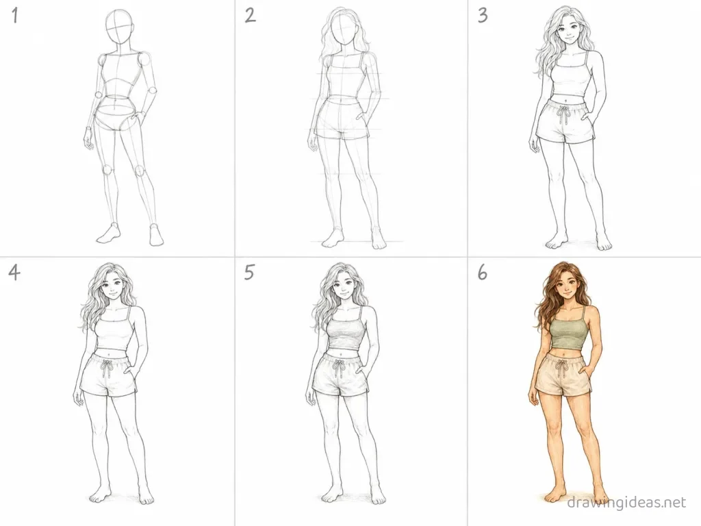 How to draw a female body step by step — 6-step female body drawing tutorial grid