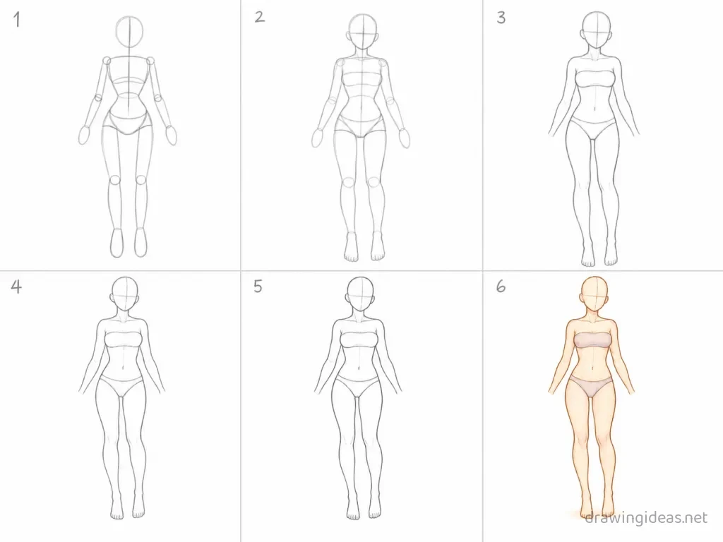 How to draw a female poses body base step by step — 6-step female poses body base drawing tutorial grid