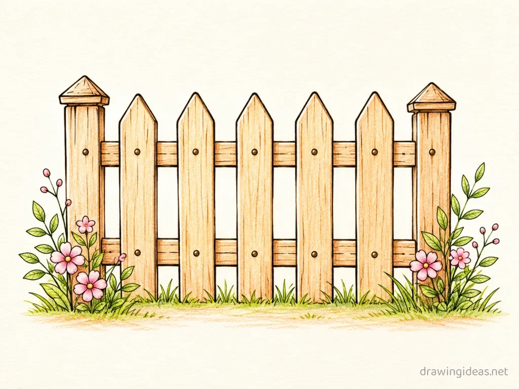 Fence drawing — hand-drawn fence illustration with ink lines and soft colors