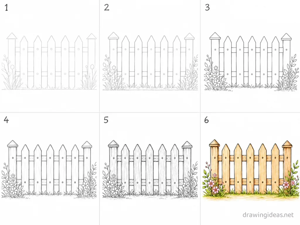 How to draw a fence step by step — 6-step fence drawing tutorial grid