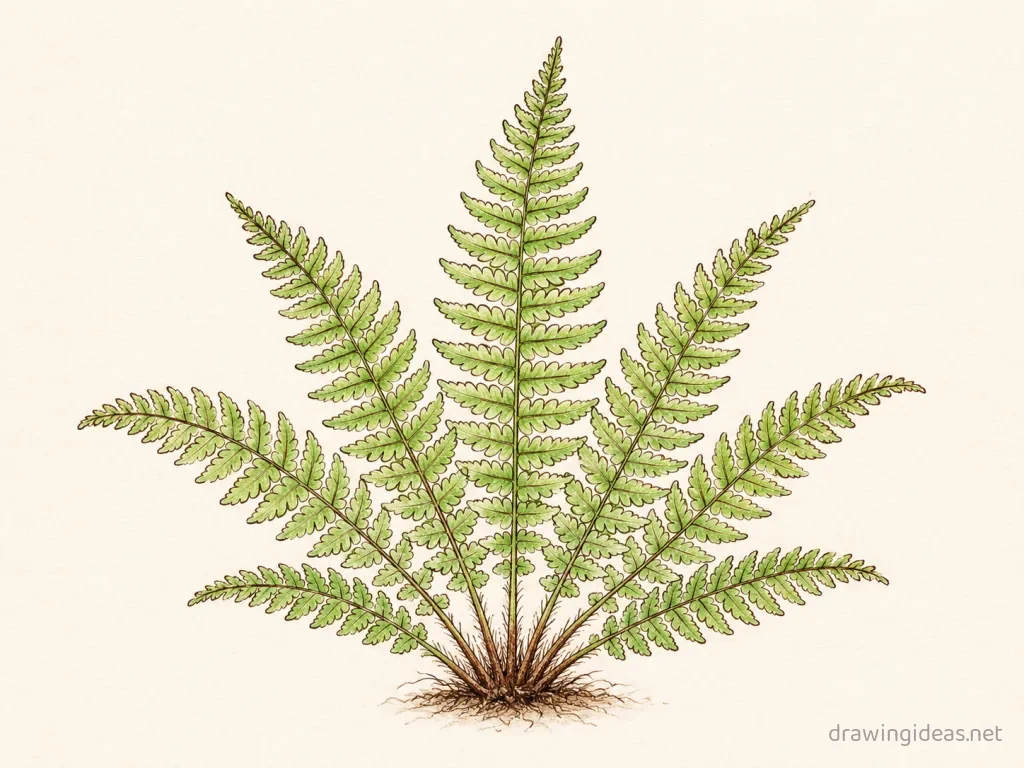 Fern drawing — hand-drawn fern illustration with ink lines and soft colors
