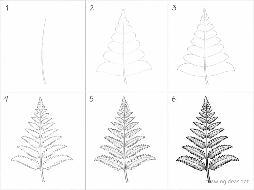 How to draw a fern step by step — 6-step fern drawing tutorial grid