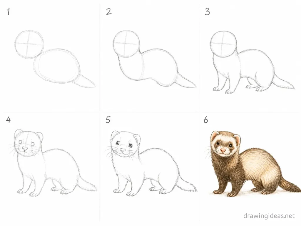 How to draw a ferret step by step — 6-step ferret drawing tutorial grid