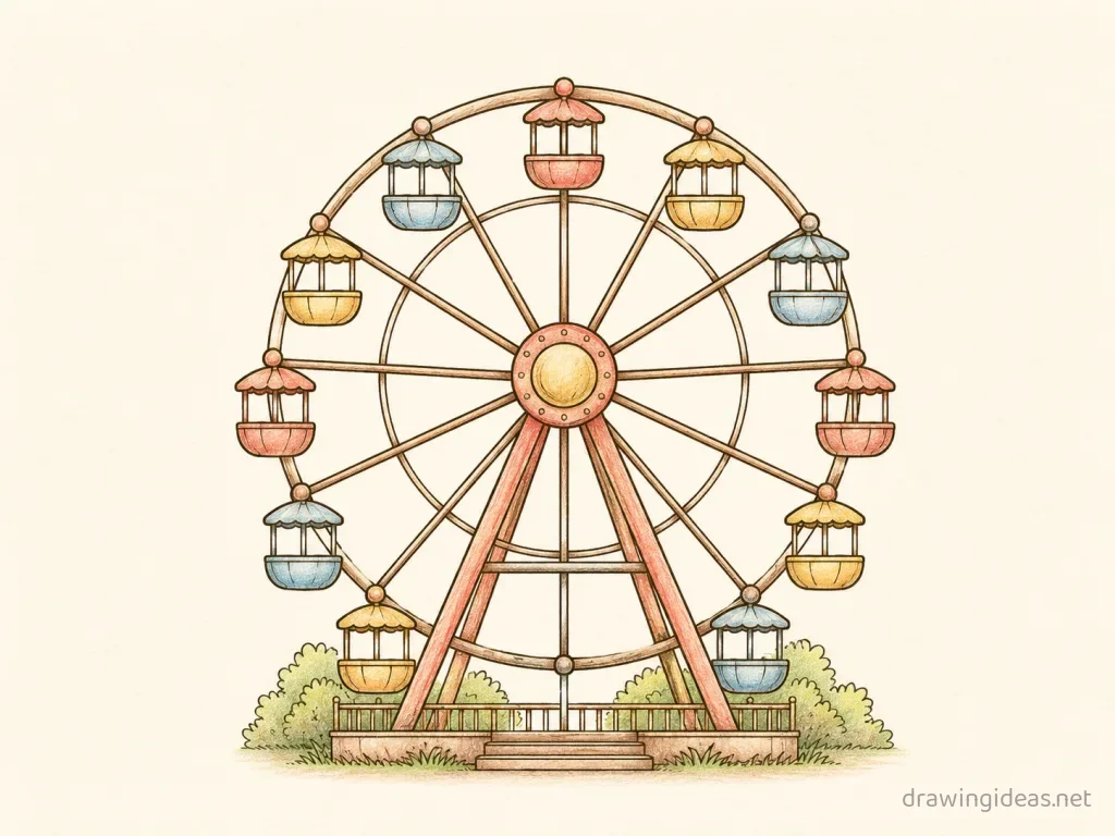 Ferris Wheel drawing ā hand-drawn ferris wheel illustration with ink lines and soft colors