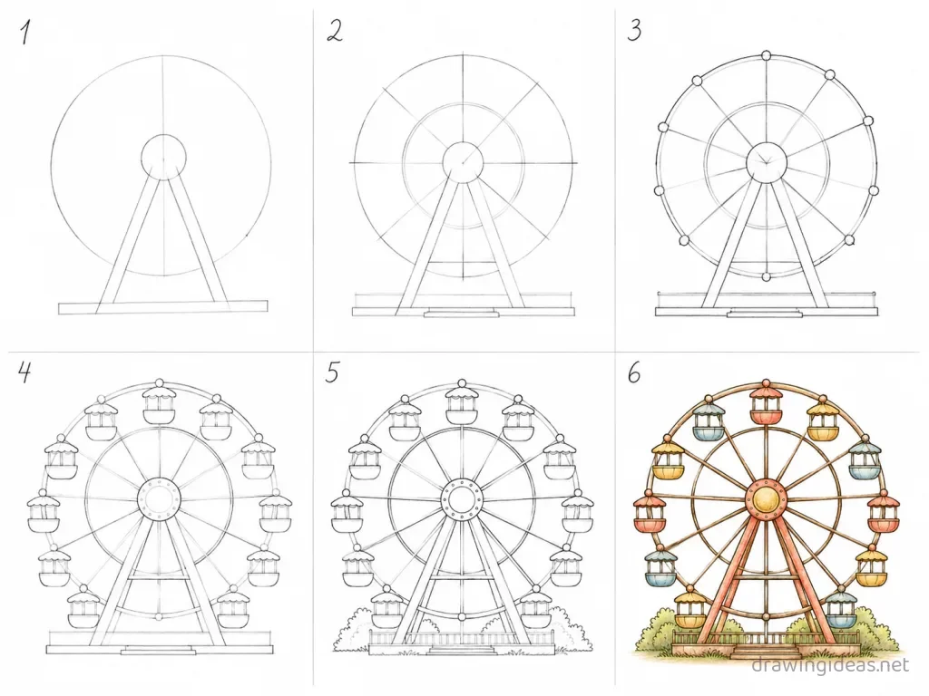 How to draw a ferris wheel step by step — 6-step ferris wheel drawing tutorial grid