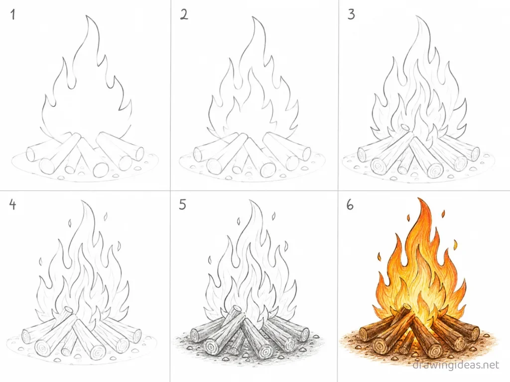 How to draw fire step by step — 6-step fire drawing tutorial grid