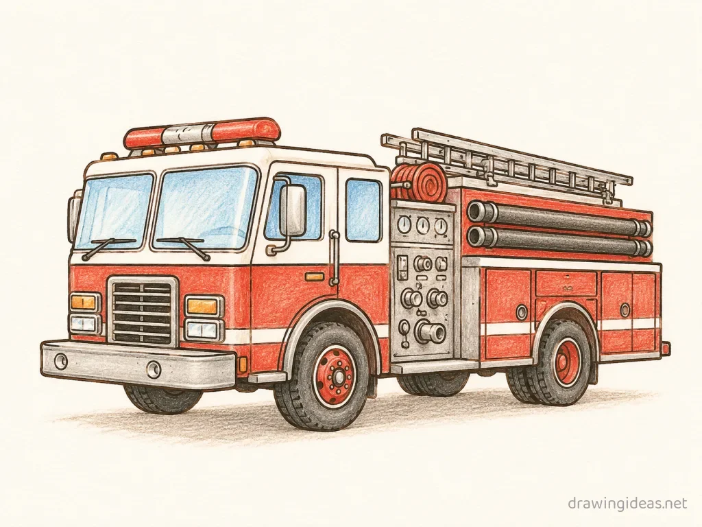 Fire Truck drawing ā hand-drawn fire truck illustration with ink lines and soft colors