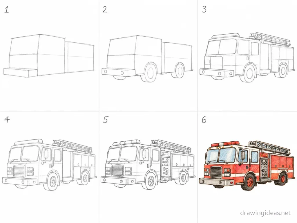 How to draw a fire truck step by step — 6-step fire truck drawing tutorial grid